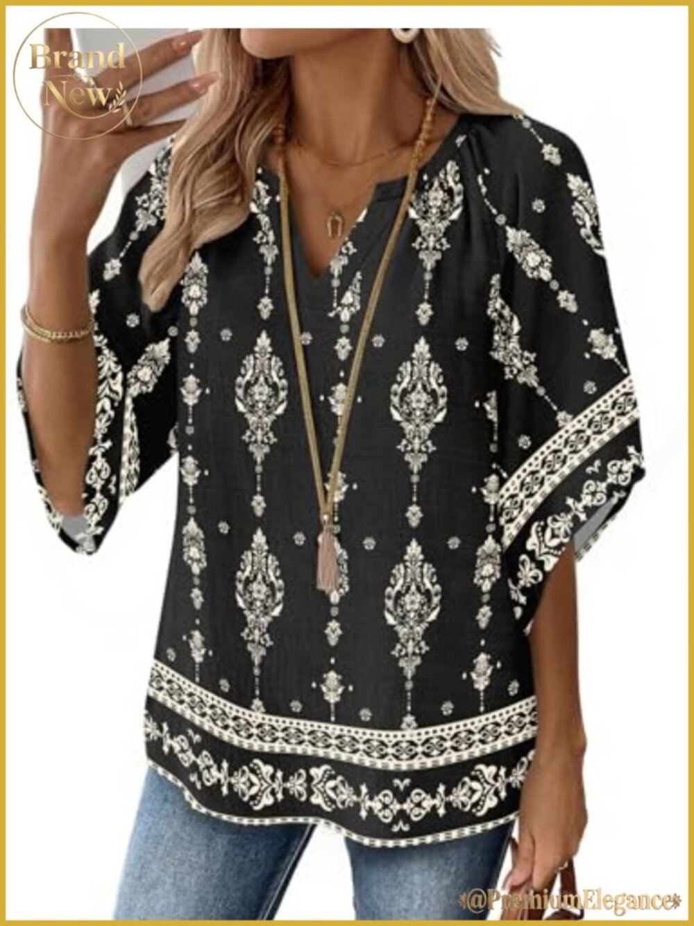 Zeagoo Womens Boho Blouse 3/4 Bell Sleeve V Neck Floral Peasant Tunic Top